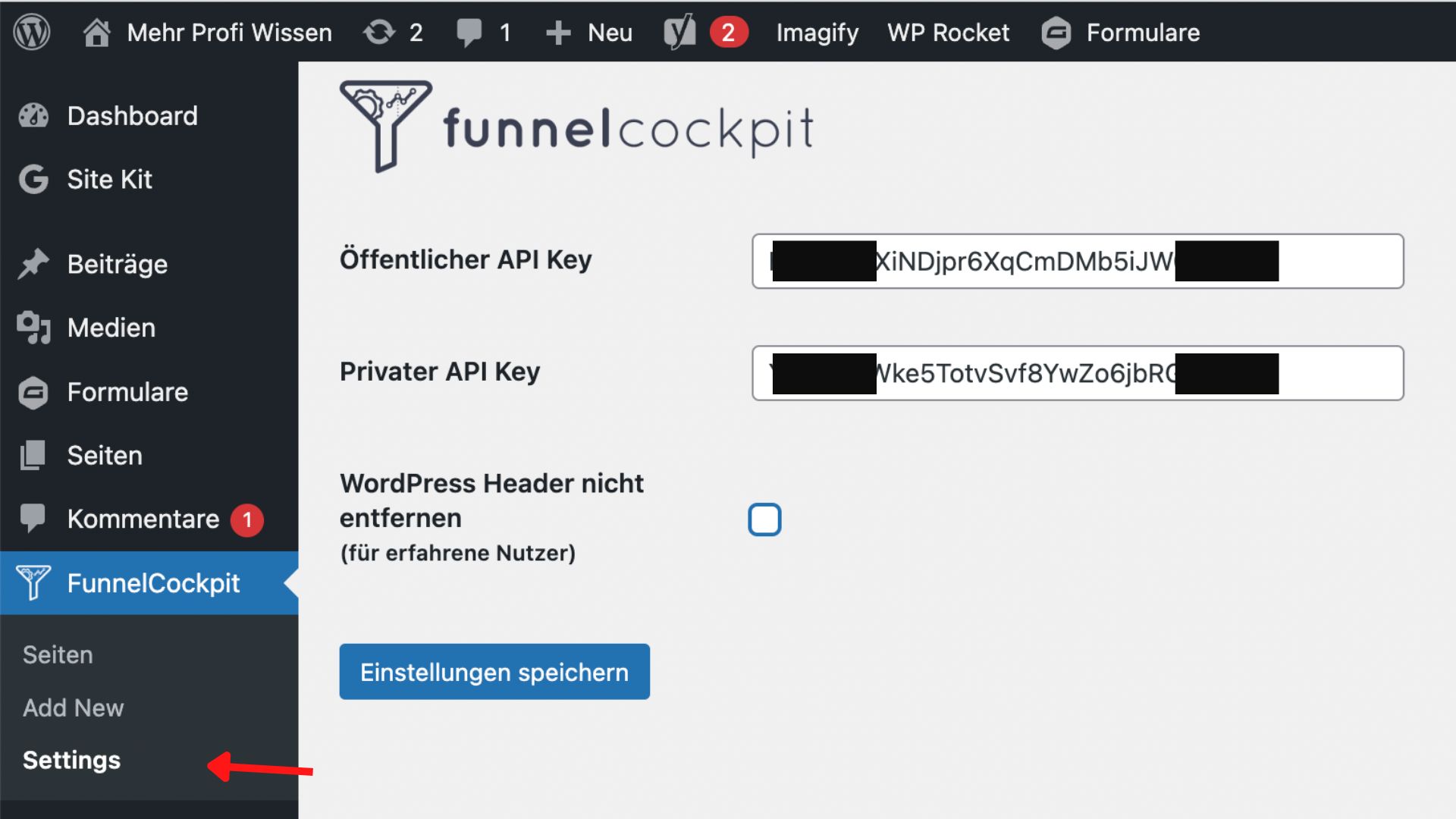 API Keys beim WP Plugin eingeben und speichern